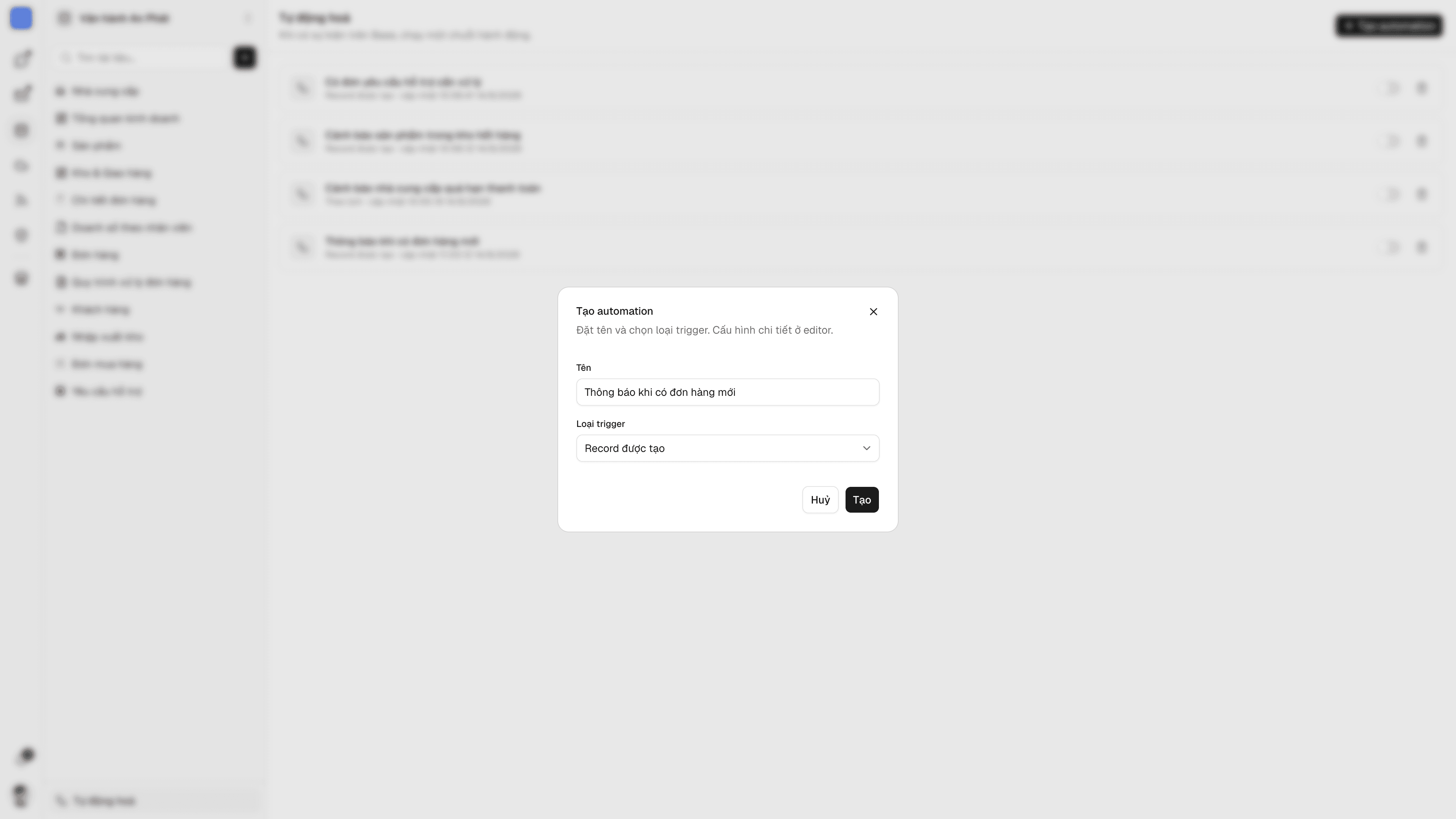 Hộp thoại tạo automation mới