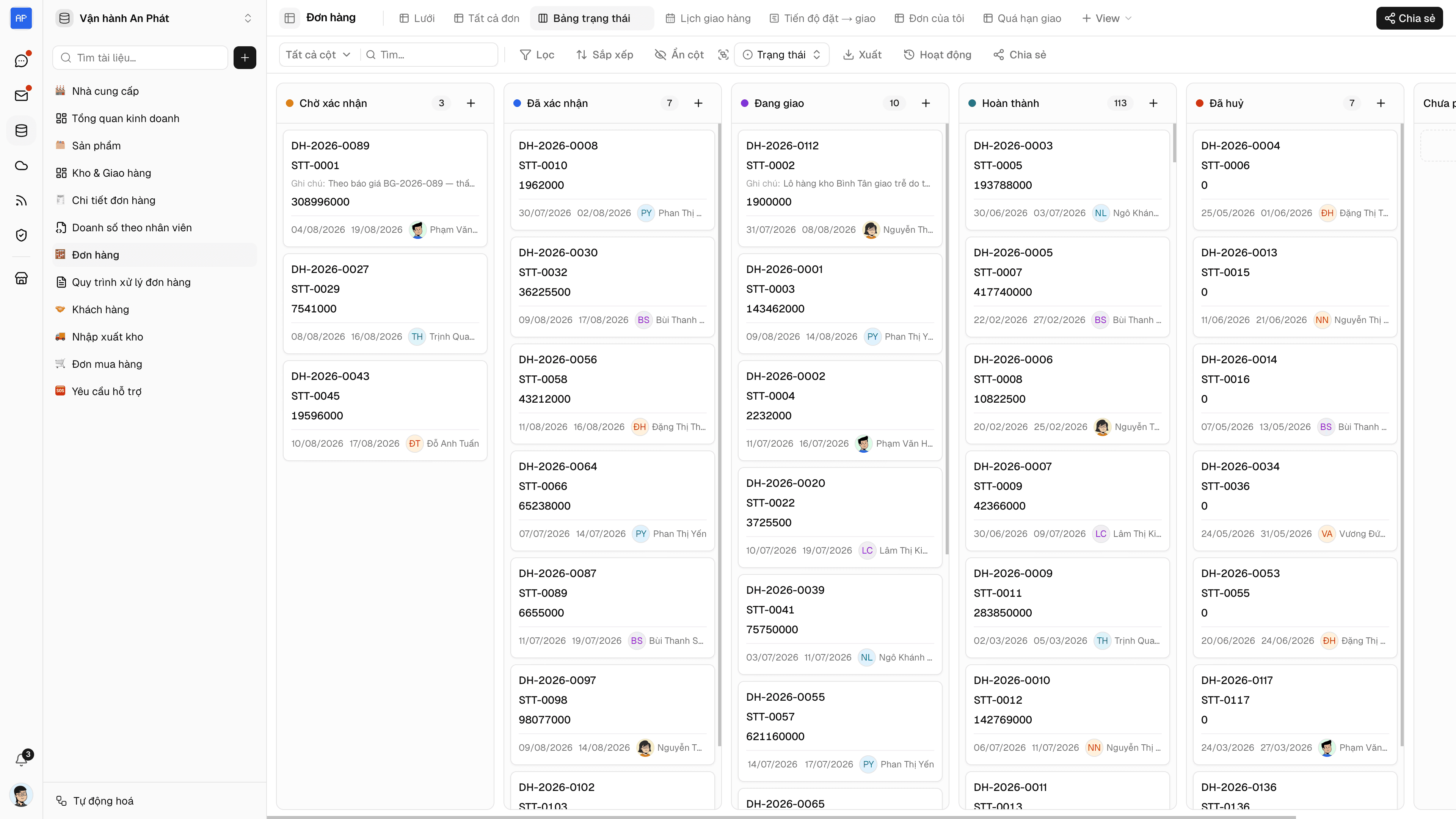 View Kanban nhóm thẻ theo cột trạng thái